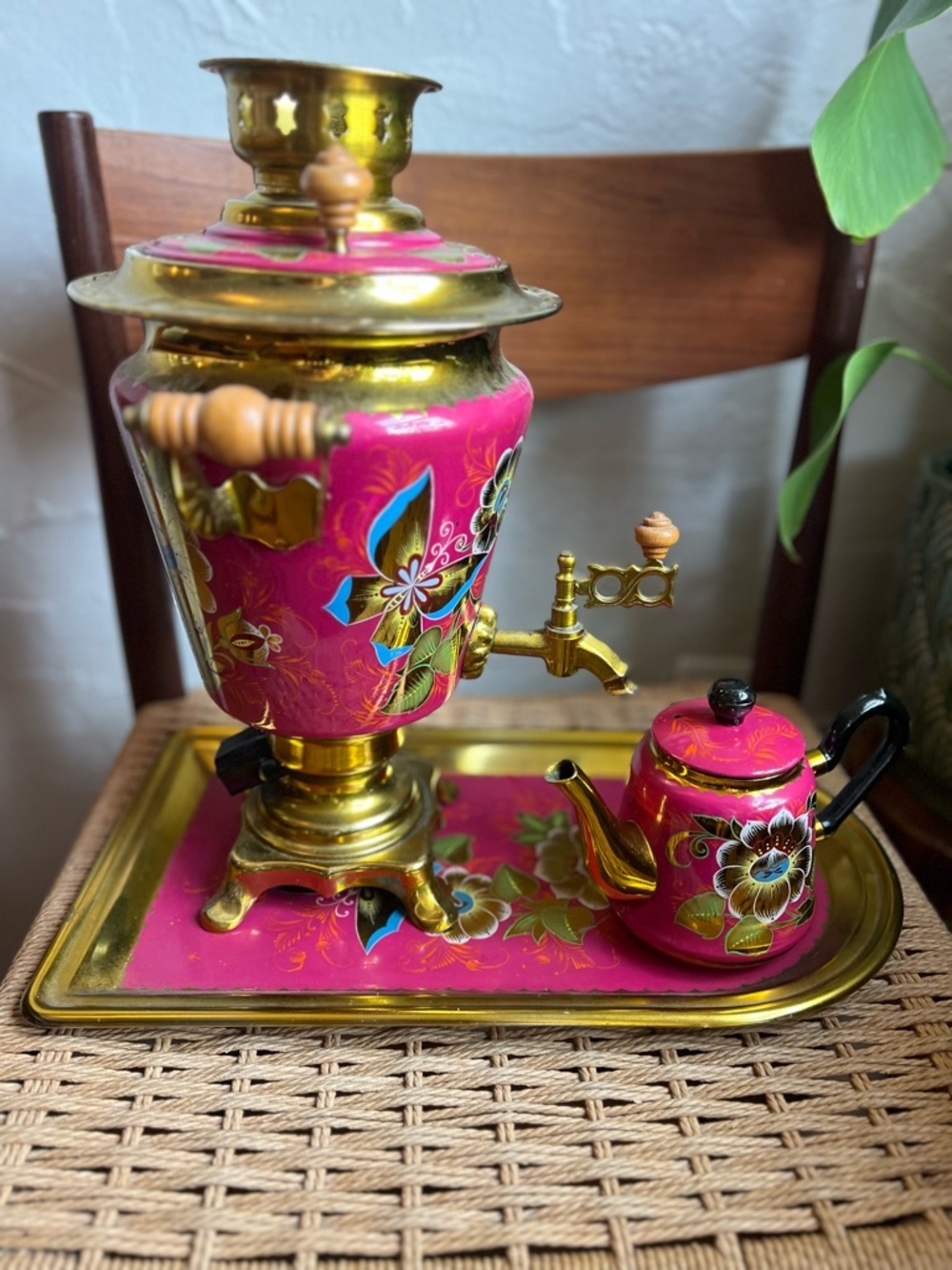 Vintage Soviet Samovar Tea Set 1991 Pink Floral Enamel Brass USSR Kitsch Decor